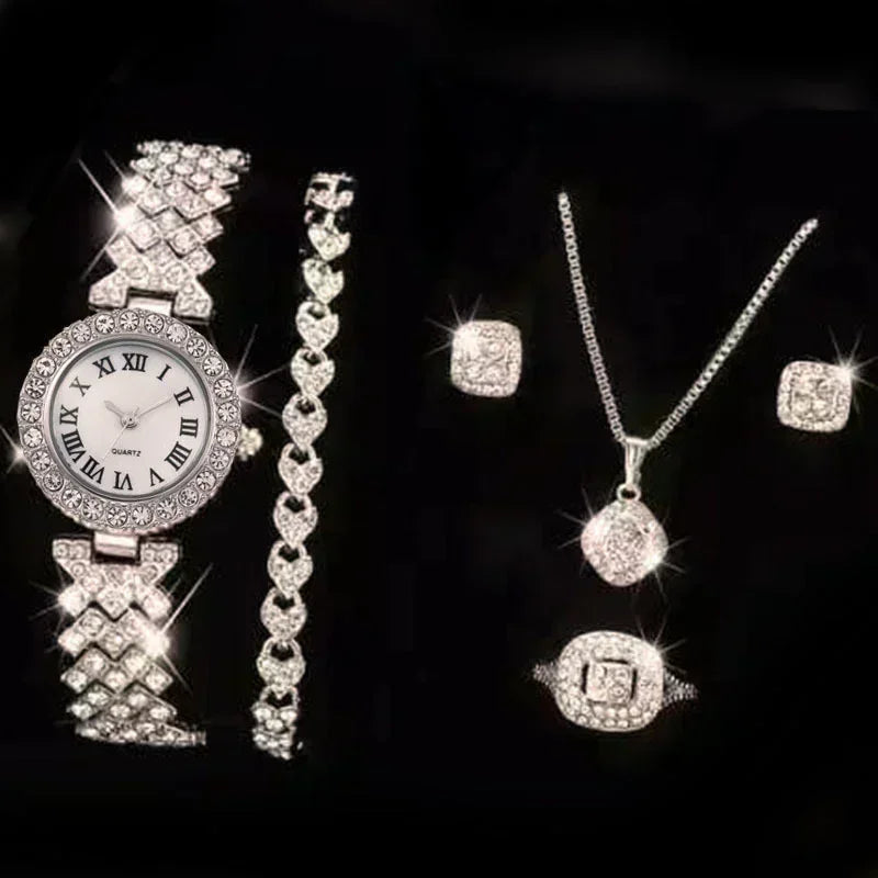 Luxury Full Crystal 5 Pcs Watch Necklace Earrings Ring Set