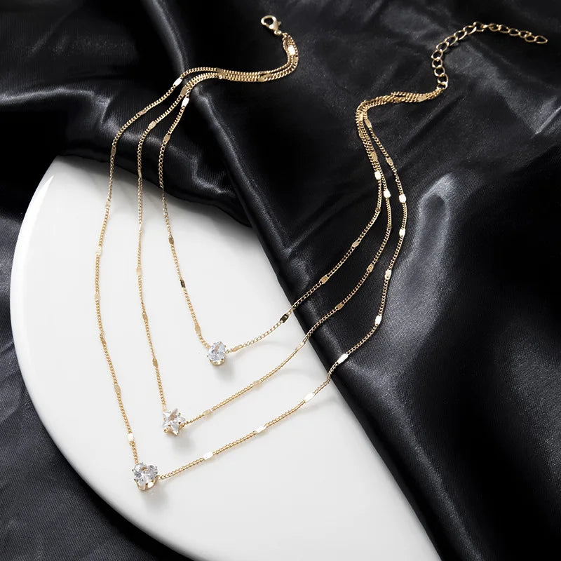 Heart Star Charm Layered Pendant Necklace Set