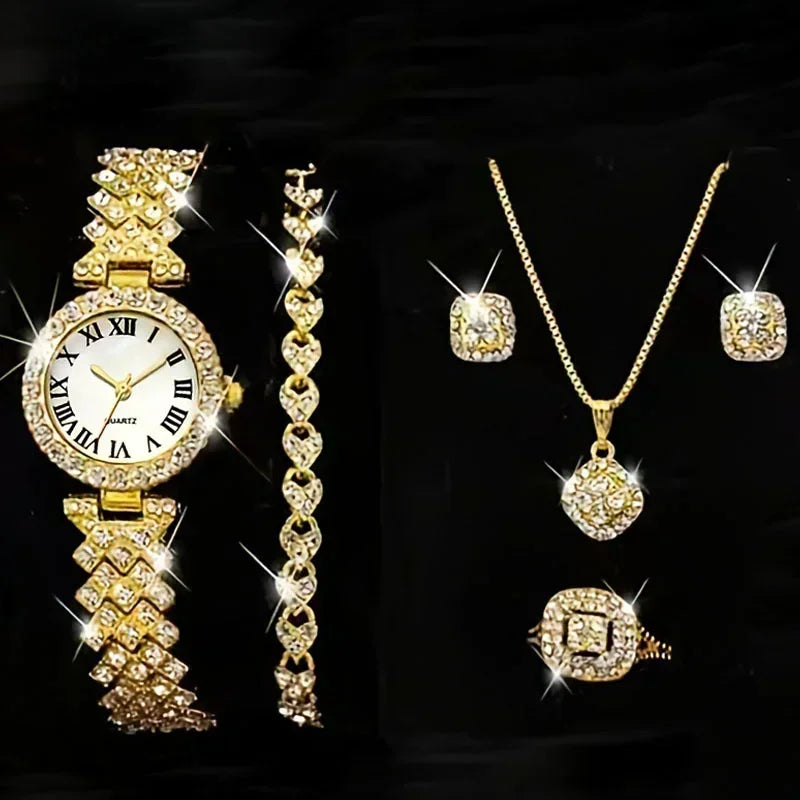 Luxury Full Crystal 5 Pcs Watch Necklace Earrings Ring Set