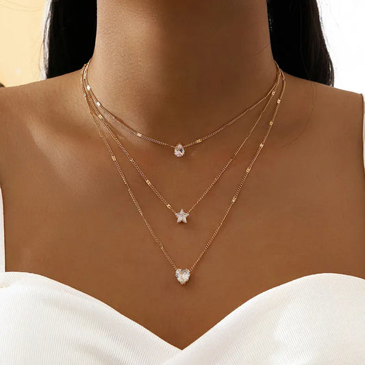 Heart Star Charm Layered Pendant Necklace Set