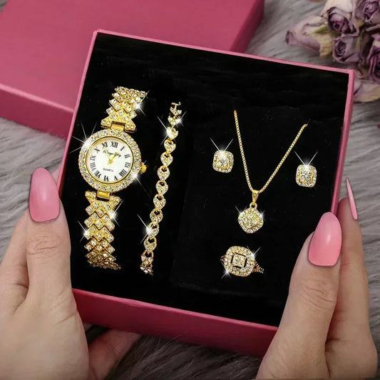 Luxury Full Crystal 5 Pcs Watch Necklace Earrings  Ring Set
