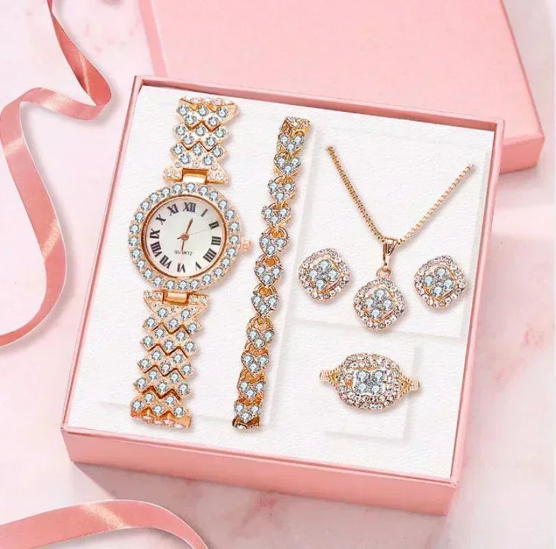 Luxury Full Crystal 5 Pcs Watch Necklace Earrings Ring Set