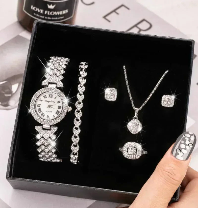 Luxury Full Crystal 5 Pcs Watch Necklace Earrings Ring Set