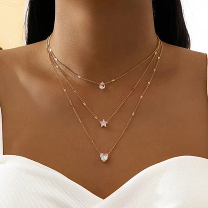 Heart Star Charm Layered Pendant Necklace Set