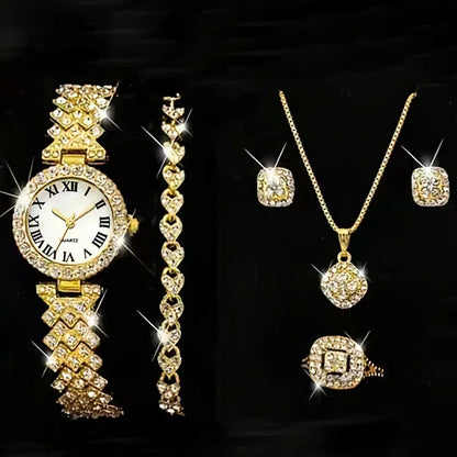 Luxury Full Crystal 5 Pcs Watch Necklace Earrings  Ring Set