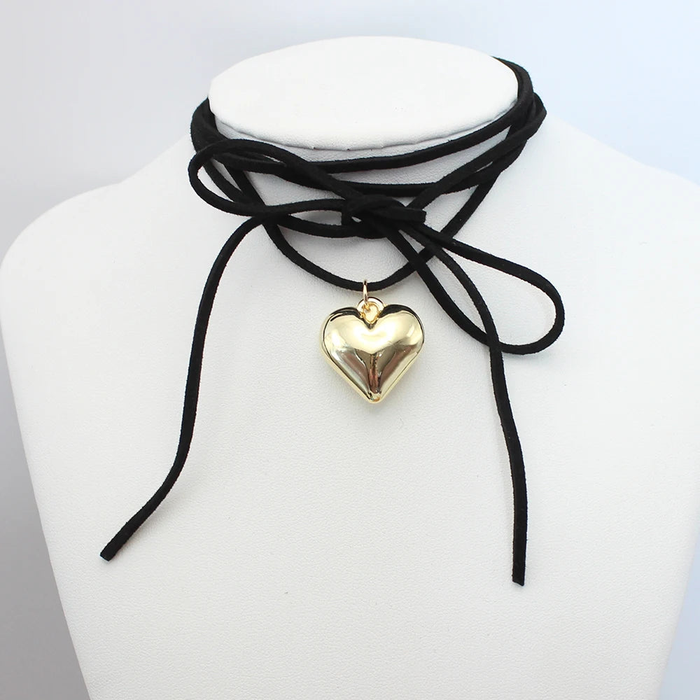 Black Velvet Big Heart Pendant Choker Necklace