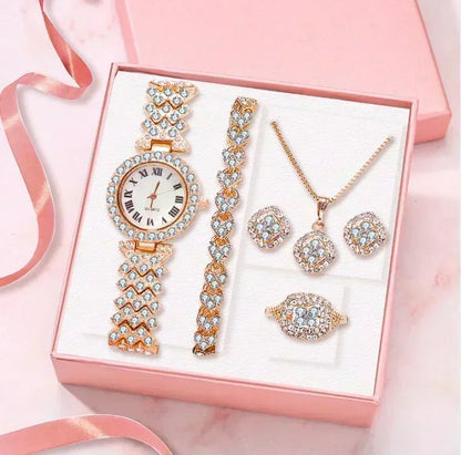 Luxury Full Crystal 5 Pcs Watch Necklace Earrings  Ring Set