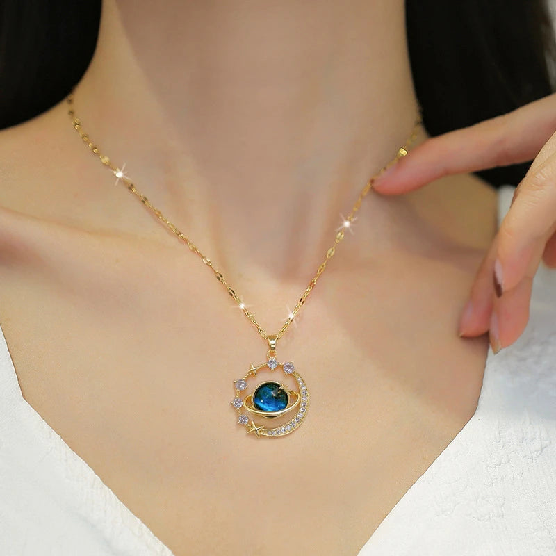 Stainless Steel Zircon Planet Star Pendant Necklace