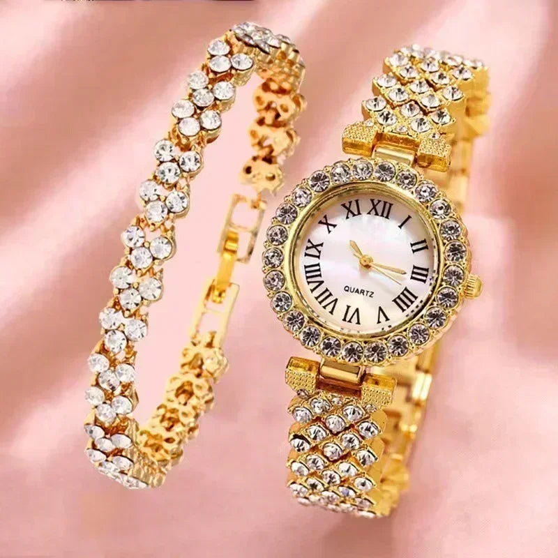 Luxury Full Crystal 5 Pcs Watch Necklace Earrings  Ring Set